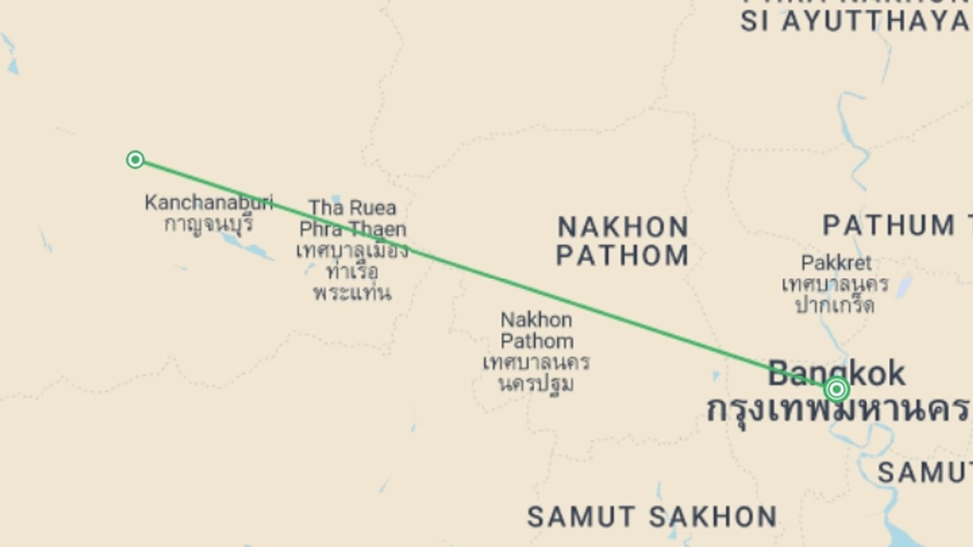 A map showing the tour itinerary for the trip: Bangkok Independent Short Break: River Kwai & Ayutthaya, starting in Bangkok, Thailand and ending in Bangkok, Thailand going through 1 other destinations.