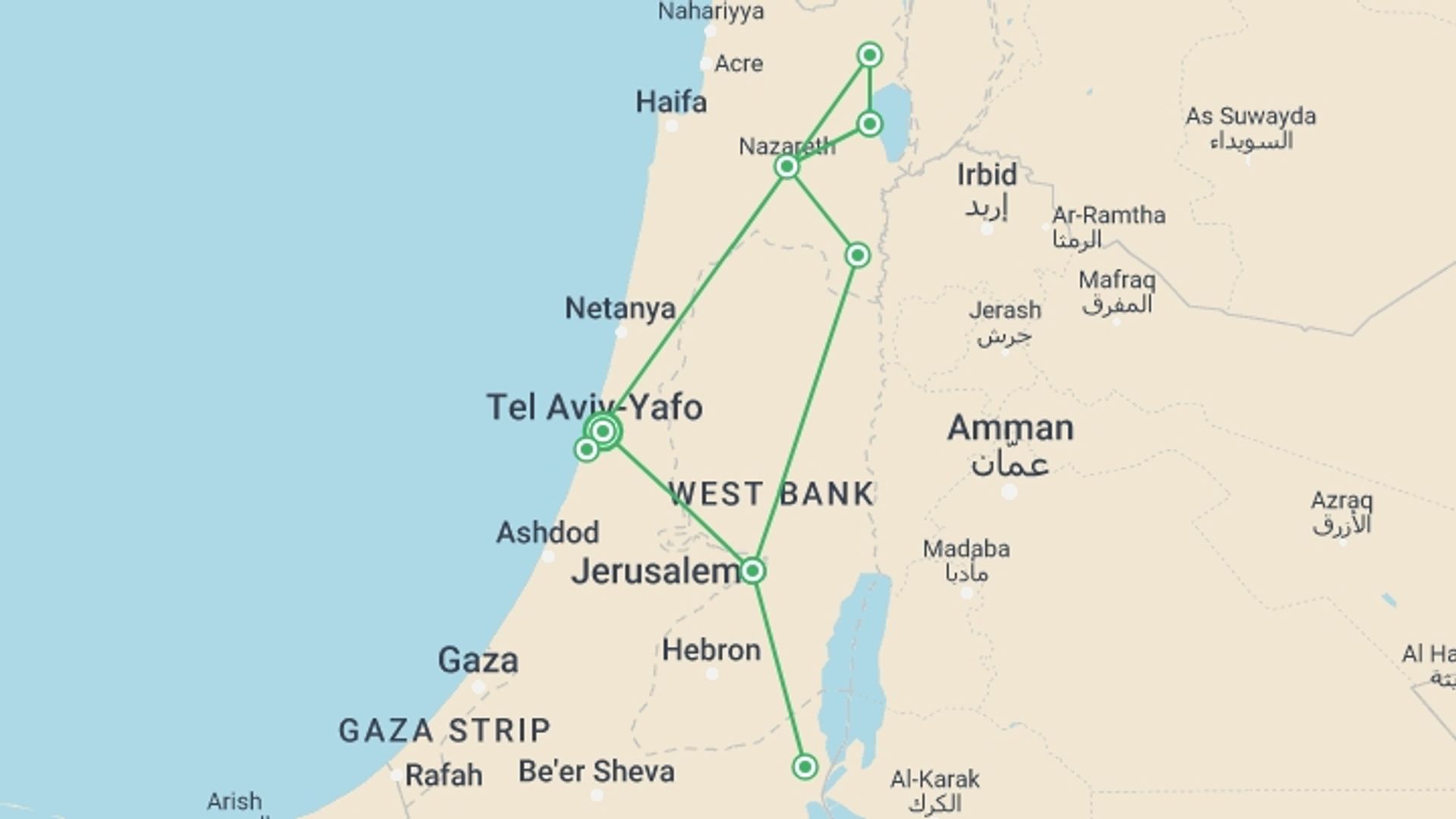 A map showing the tour itinerary for the trip: Heritage Of The Holy Land, starting in Tel Aviv, Israel and ending in Tel Aviv, Israel going through 2 other destinations.