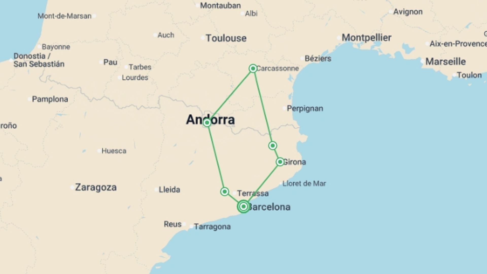 A map showing the tour itinerary for the trip: Catalonia, South of France and Andorra, starting in Barcelona, Spain and ending in Barcelona, Spain going through 2 other destinations.