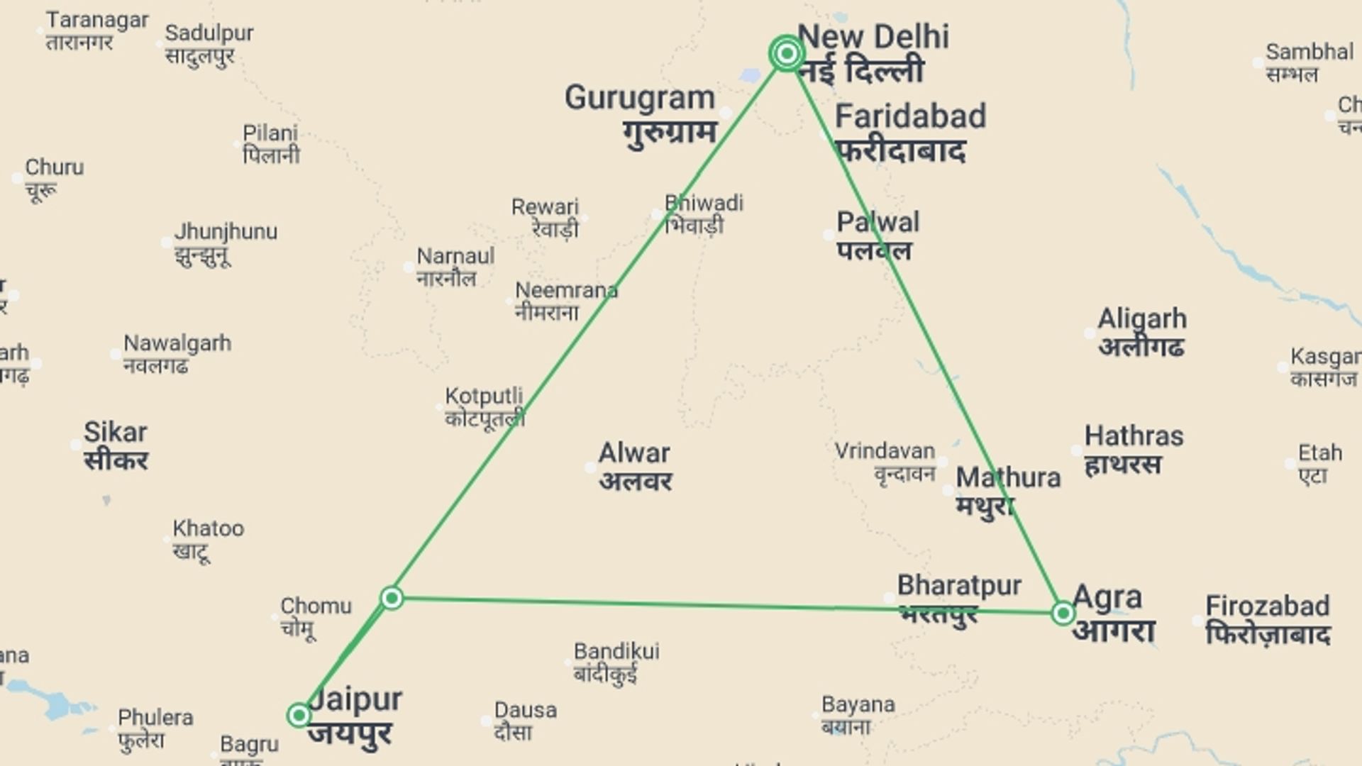 A map showing the tour itinerary for the trip: Golden Triangle, starting in New Delhi, India and ending in New Delhi, India going through 4 other destinations.