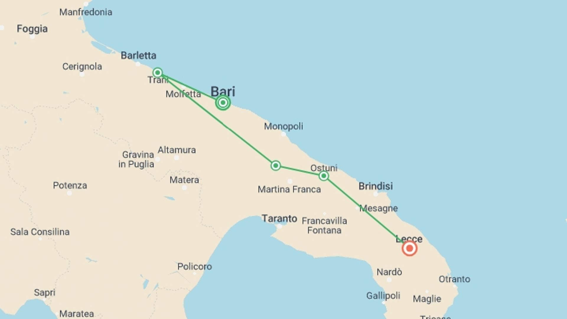 A map showing the tour itinerary for the trip: Unesco Puglia & Matera wonder holiday package, starting in Bari, Italy and ending in Lecce, Italy going through 5 other destinations.