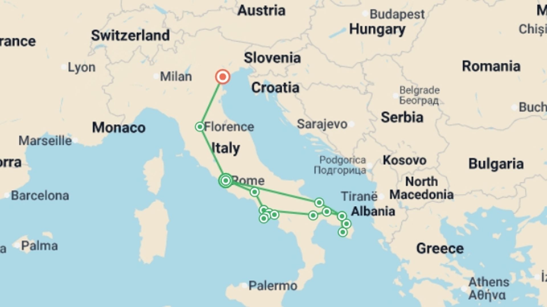 A map showing the tour itinerary for the trip: Rome, Puglia and Campania With Northern Italy End Venice, starting in Rome, Italy and ending in Venice, Italy going through 5 other destinations.