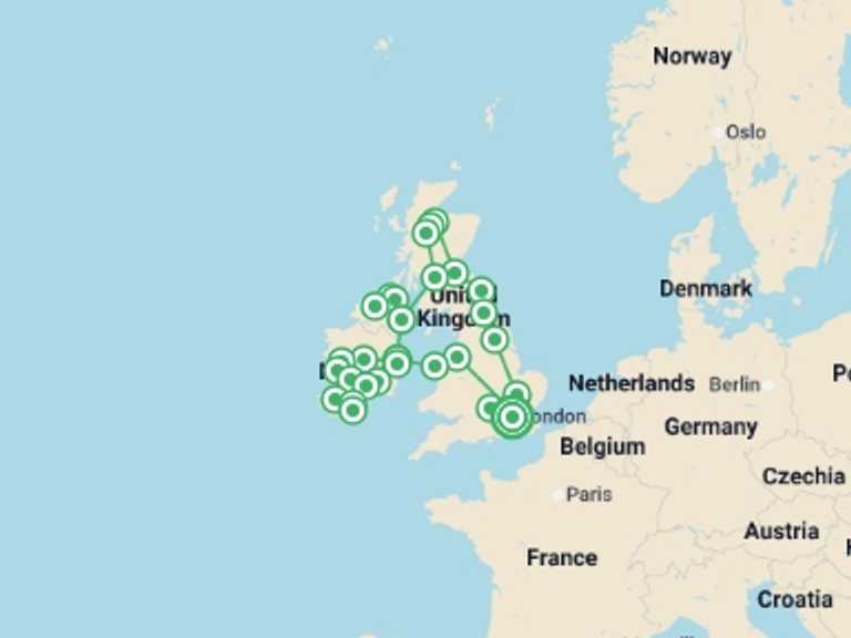 Map itinerary of Ireland Tour in July 2026 with 11 destination visits for the trip: Great British Route and Emerald Isle with London