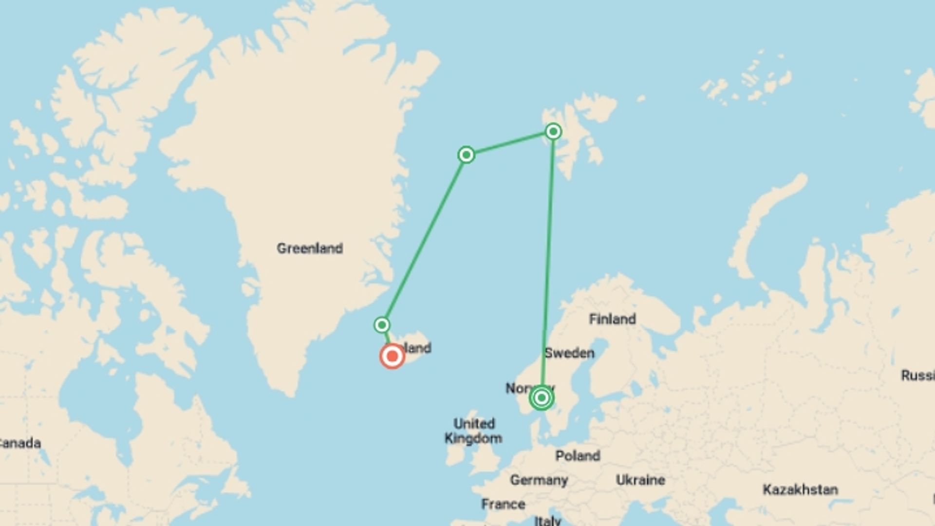 A map showing the tour itinerary for the trip: Spitsbergen, Greenland and Iceland - M/V Sylvia Earle, starting in Oslo, Norway and ending in Reykjavik, Iceland going through 3 other destinations.