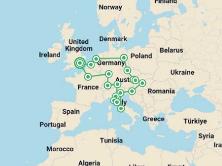 Map itinerary of England Tour in May 2026 with 15 destination visits for the trip: Best of Europe
