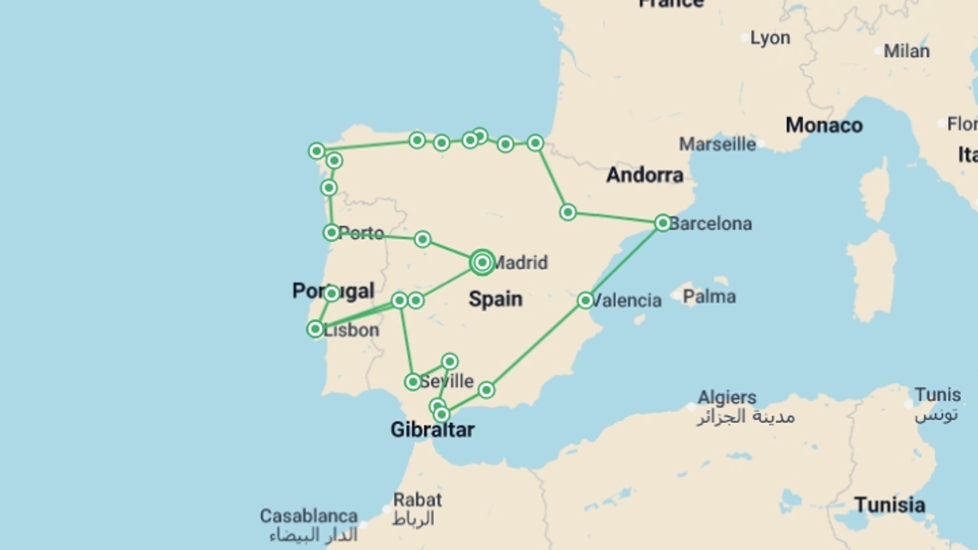 A map showing the tour itinerary for the trip: Spain Encompassed, Lisbon & Porto - 19 days, starting in Madrid, Spain and ending in Madrid, Spain going through 13 other destinations.