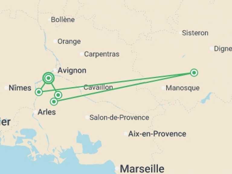 Map itinerary of Europe Tour in September 2026 with 6 destination visits for the trip: Provence Backroads