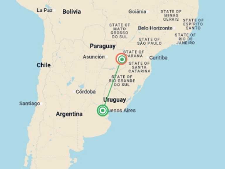 Map itinerary of South America Tour in February 2027 with 6 destination visits for the trip: Argentina: Buenos Aires & Iguazú Falls - 6 days