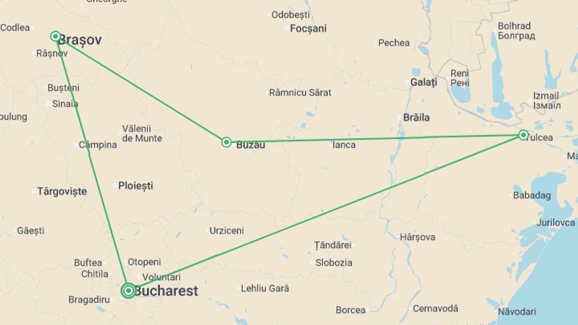 A map showing the tour itinerary for the trip: Highlights of Romania & the Danube Delta, starting in Bucharest, Romania and ending in Bucharest, Romania going through 3 other destinations.