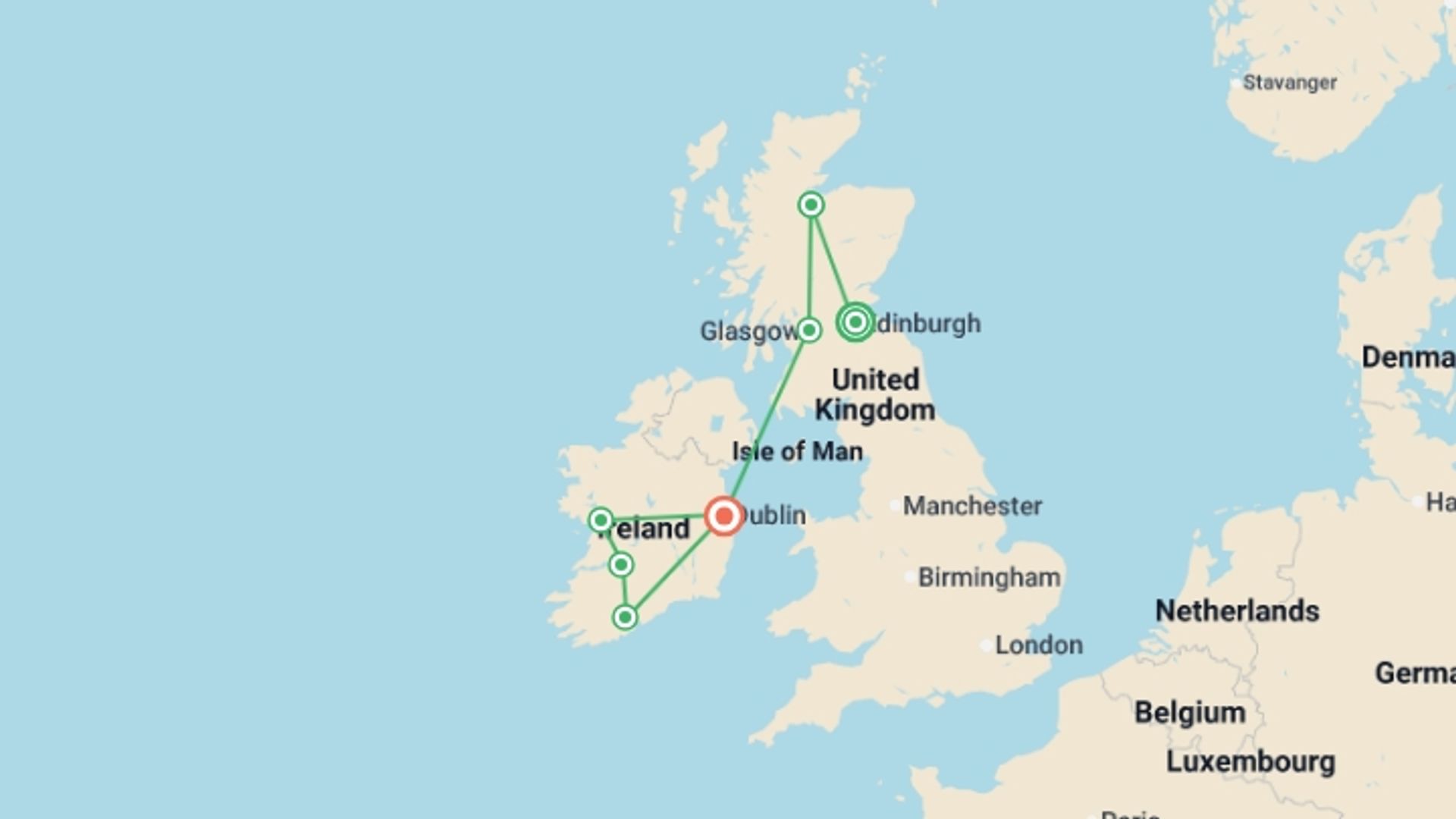 A map showing the tour itinerary for the trip: Scotland and Ireland, starting in Edinburgh, Scotland and ending in Dublin, Ireland going through 5 other destinations.