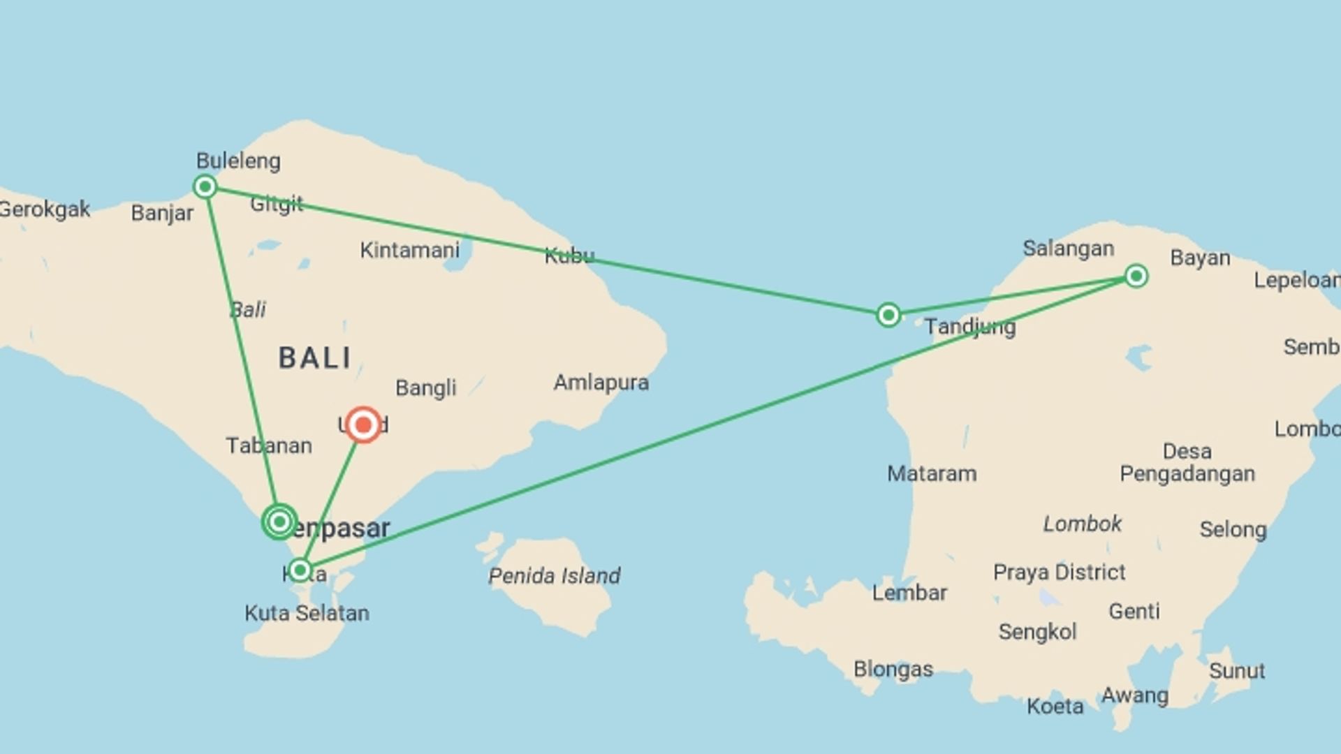A map showing the tour itinerary for the trip: Bali & Lombok Uncovered  - 15 days, starting in Canggu, Indonesia and ending in Ubud, Indonesia going through 4 other destinations.