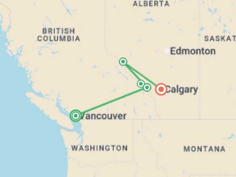 Map itinerary of Canada Tour in Fall with 4 destination visits for the trip: Canadian Rockies Adventure 10D/9N (Summer)