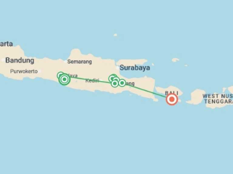 Map itinerary of Indonesia Tour in Summer with 8 destination visits for the trip: Volcanoes of East Java