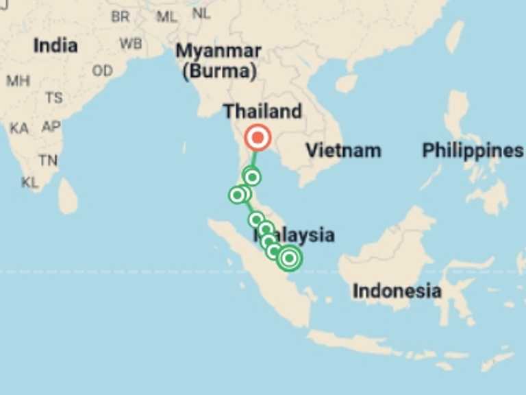 Map of Bangkok Active and outdoor Tour with 10 destination visits for the trip: Singapore to Bangkok Travel Pass