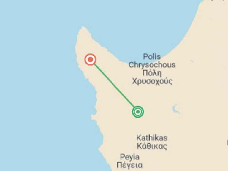 Map itinerary of Cyprus Tour in September 2025 with 4 destination visits for the trip: Walking the Akamas Peninsula