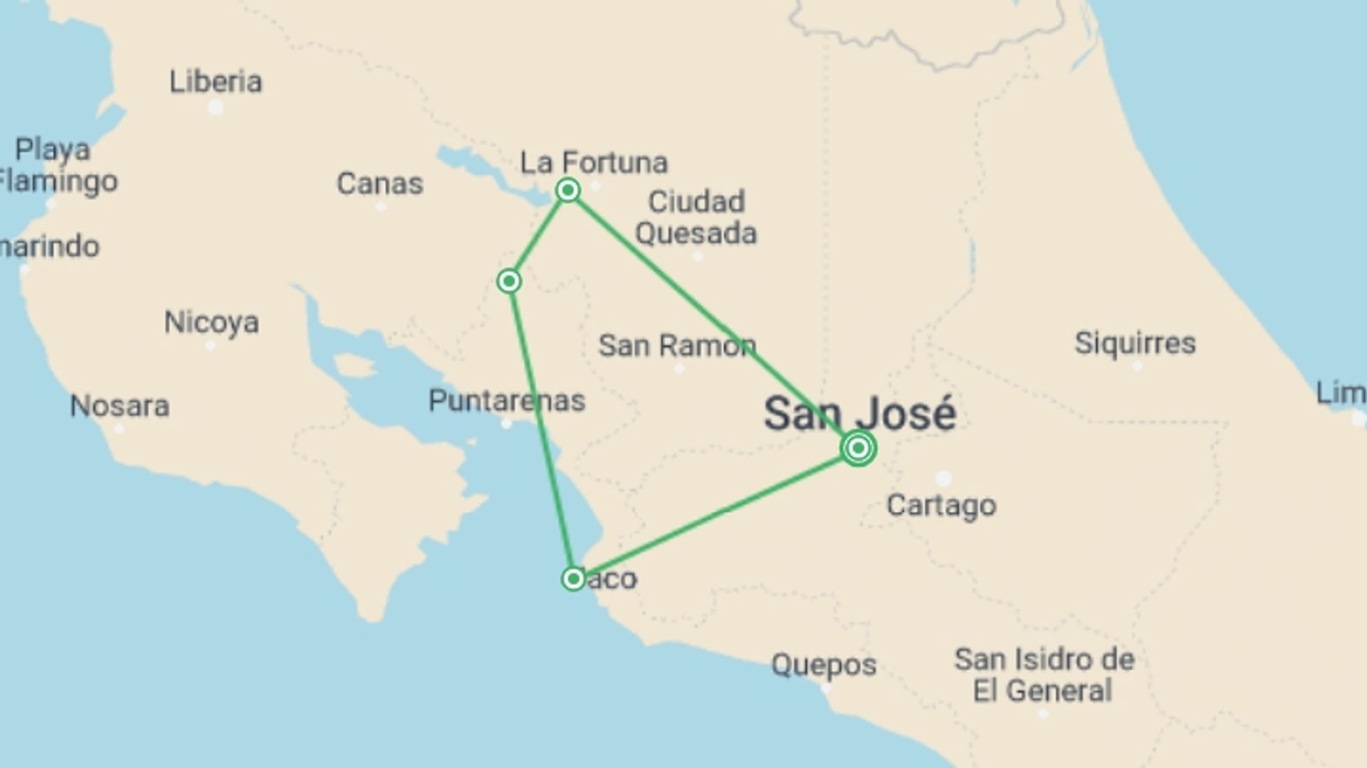 A map showing the tour itinerary for the trip: One Week Of Bliss In Costa Rica, Small Group Tour, starting in San Jose, Costa Rica and ending in San Jose, Costa Rica going through 3 other destinations.