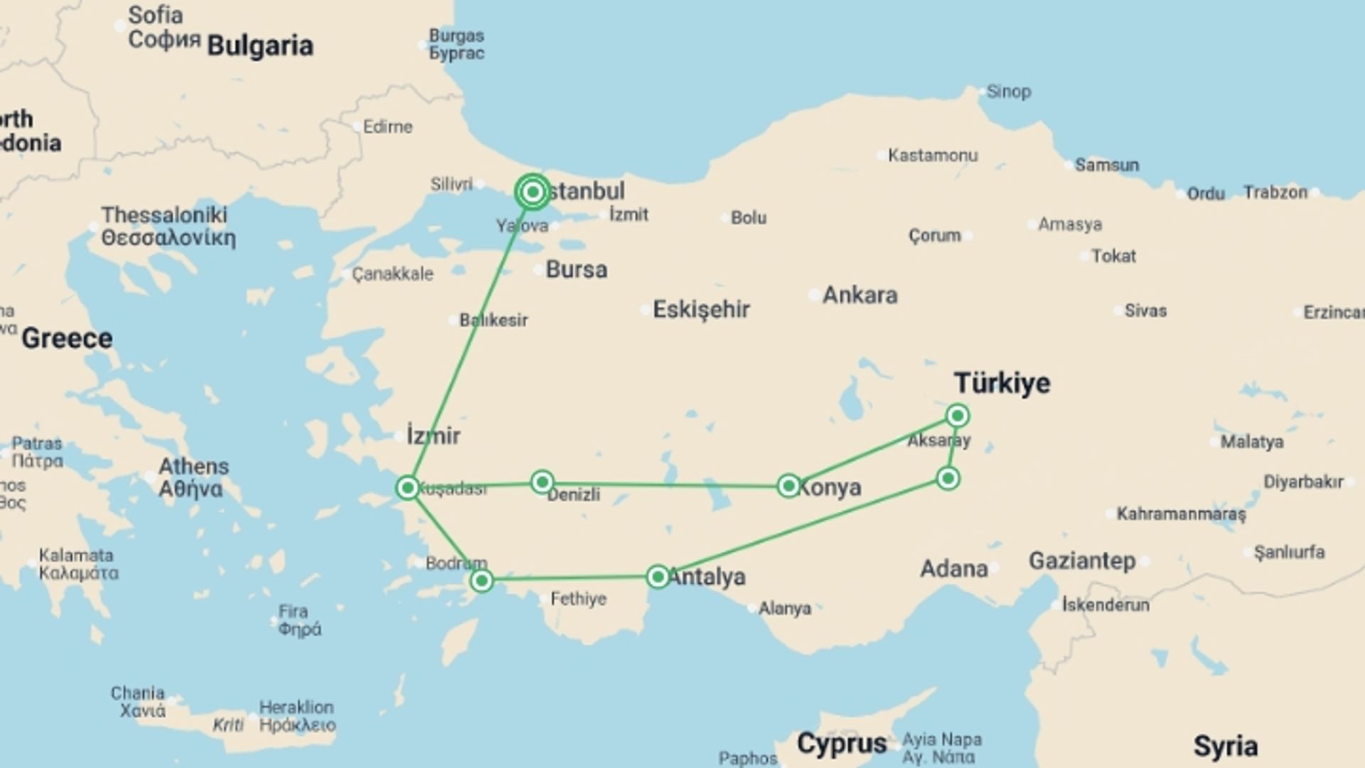 A map showing the tour itinerary for the trip: Aegean Dream, starting in Istanbul, Turkey and ending in Istanbul, Turkey going through 7 other destinations.