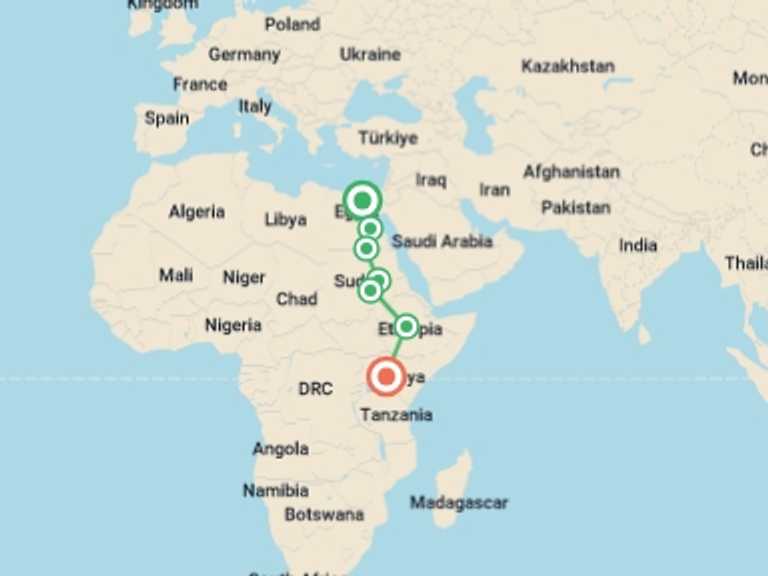 Map of a Overland Journeys Tour with 9 destination visits for the trip: Cairo To Cape Town (17 Weeks) Nile Trans