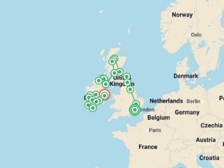Map itinerary of London Tour in September 2025 with 10 destination visits for the trip: Great British Route and Ireland from North to South with London, Ending in Dublin