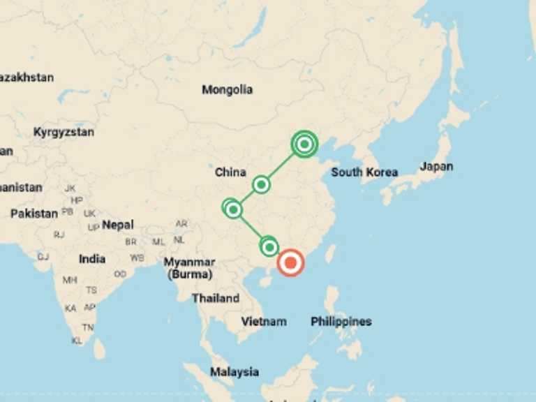 Map of Asia Tour with 5 destination visits for the trip: Beijing to Hong Kong Adventure