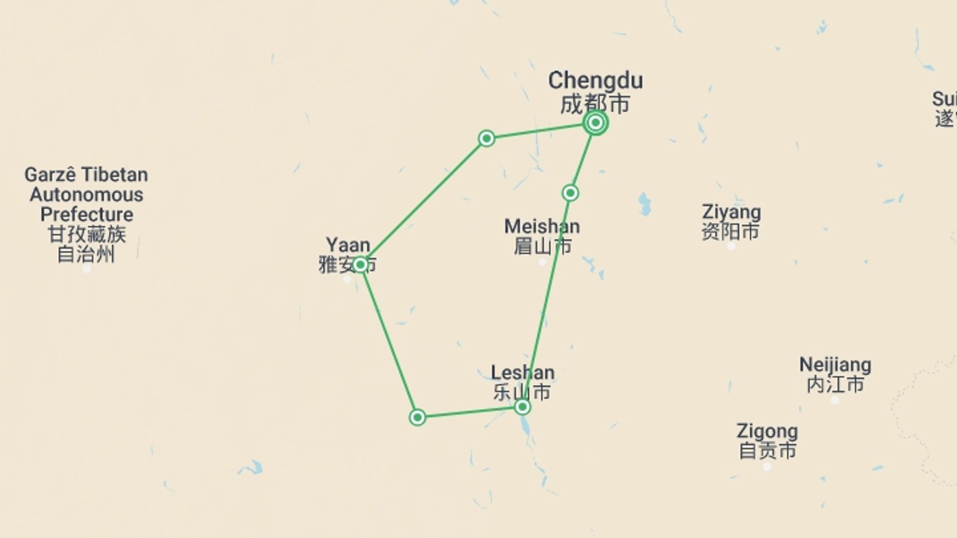 A map showing the tour itinerary for the trip: China: Sichuan Heritage by Bicycle, starting in Chengdu, China and ending in Chengdu, China going through 5 other destinations.