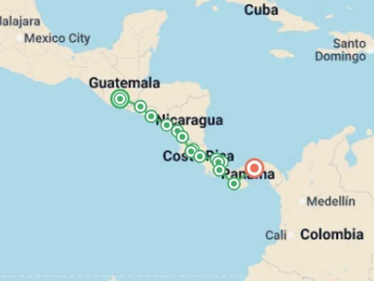 Map itinerary of North America Tour in September 2027 with 17 destination visits for the trip: Amazing Central America