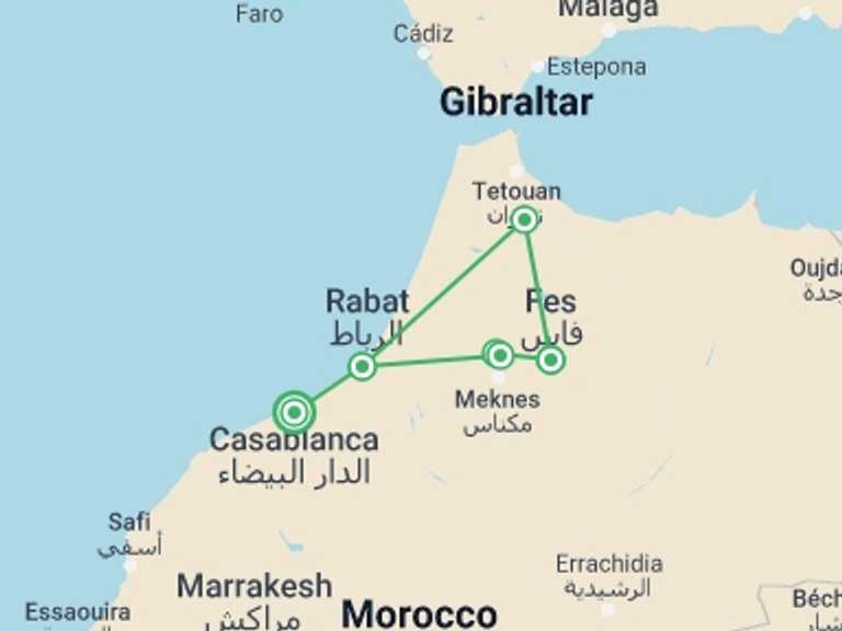 Map of Casablanca Local culture Tour with 5 destination visits for the trip: Morocco Activity & Wellness Tour