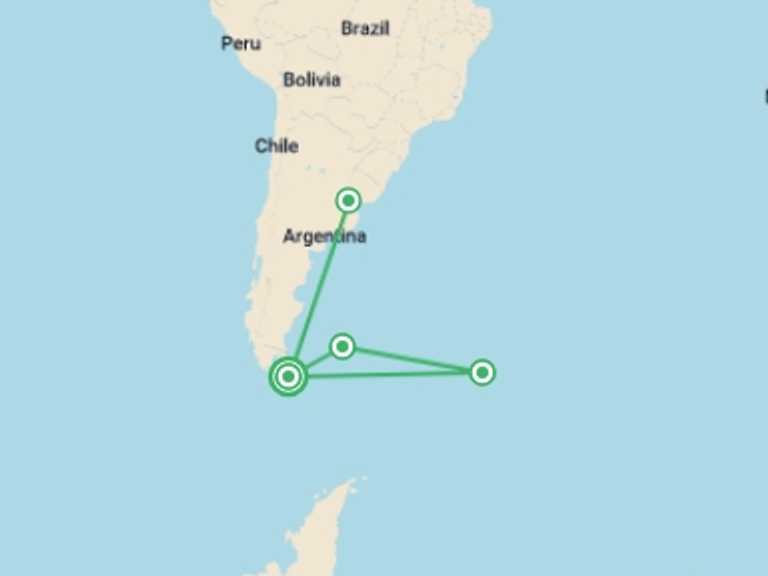 Map of South America Tour with 5 destination visits for the trip: Falklands, South Georgia, and Antarctica: Explorers and Kings