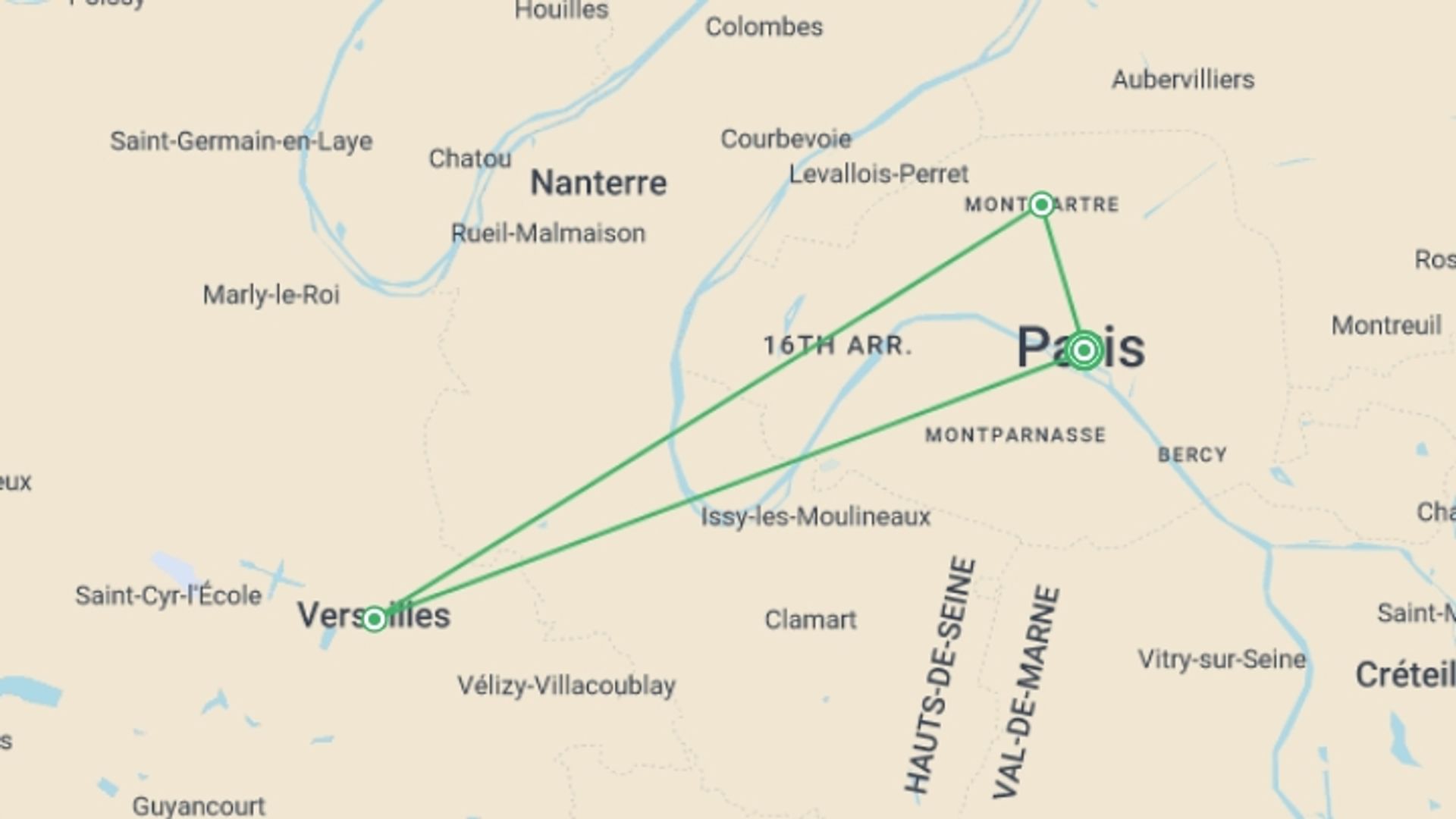 A map showing the tour itinerary for the trip: Spotlight on Paris, starting in Paris, France and ending in Paris, France going through 2 other destinations.