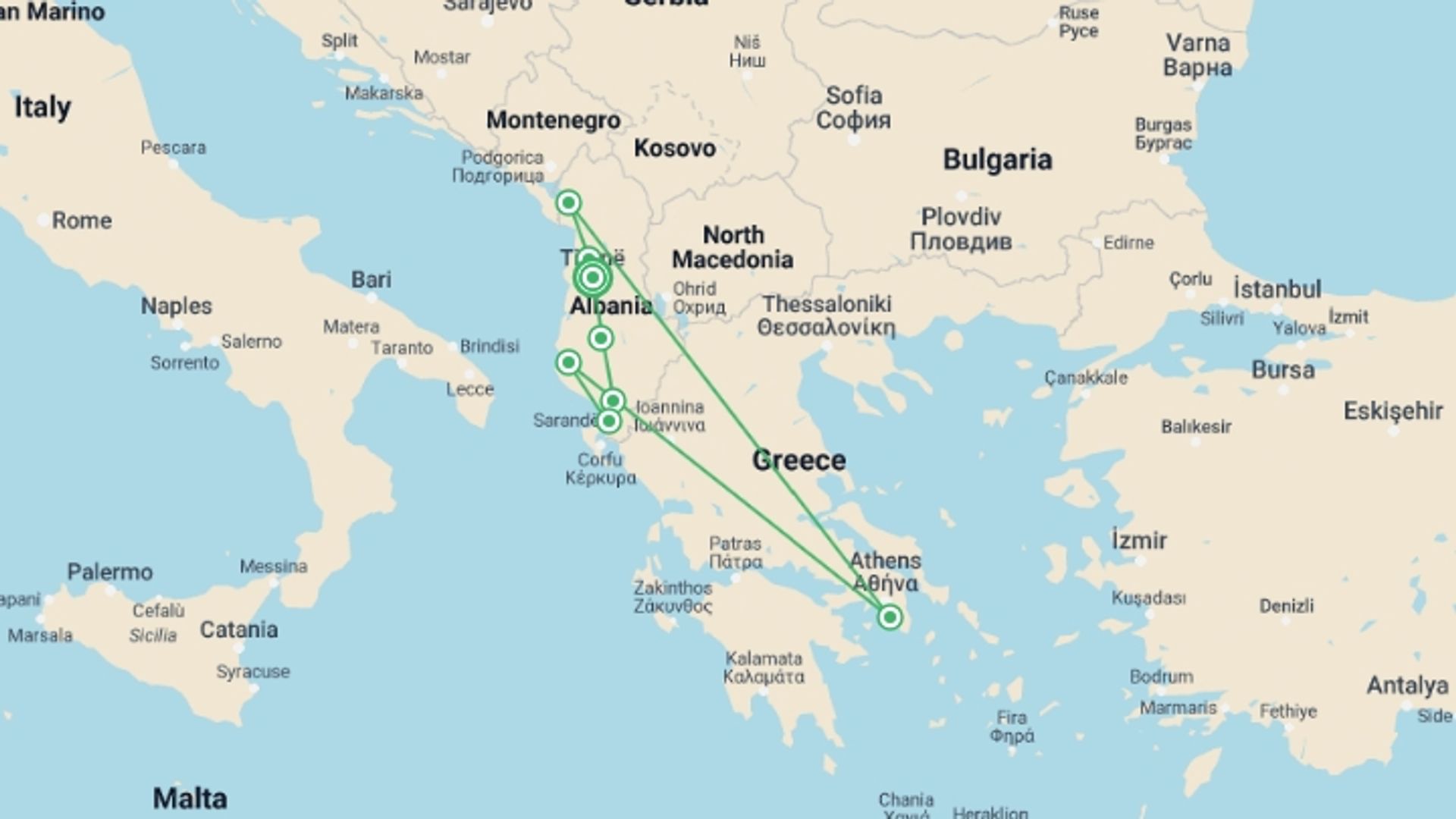 A map showing the tour itinerary for the trip: Classic Tour Albania & UNESCO Sites, starting in Tirana, Albania and ending in Tirana, Albania going through 7 other destinations.