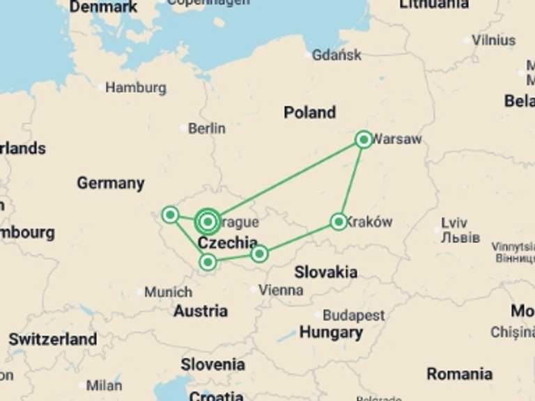 Map itinerary of Europe Tour in June 2026 with 6 destination visits for the trip: Full Czechia and Essential Poland