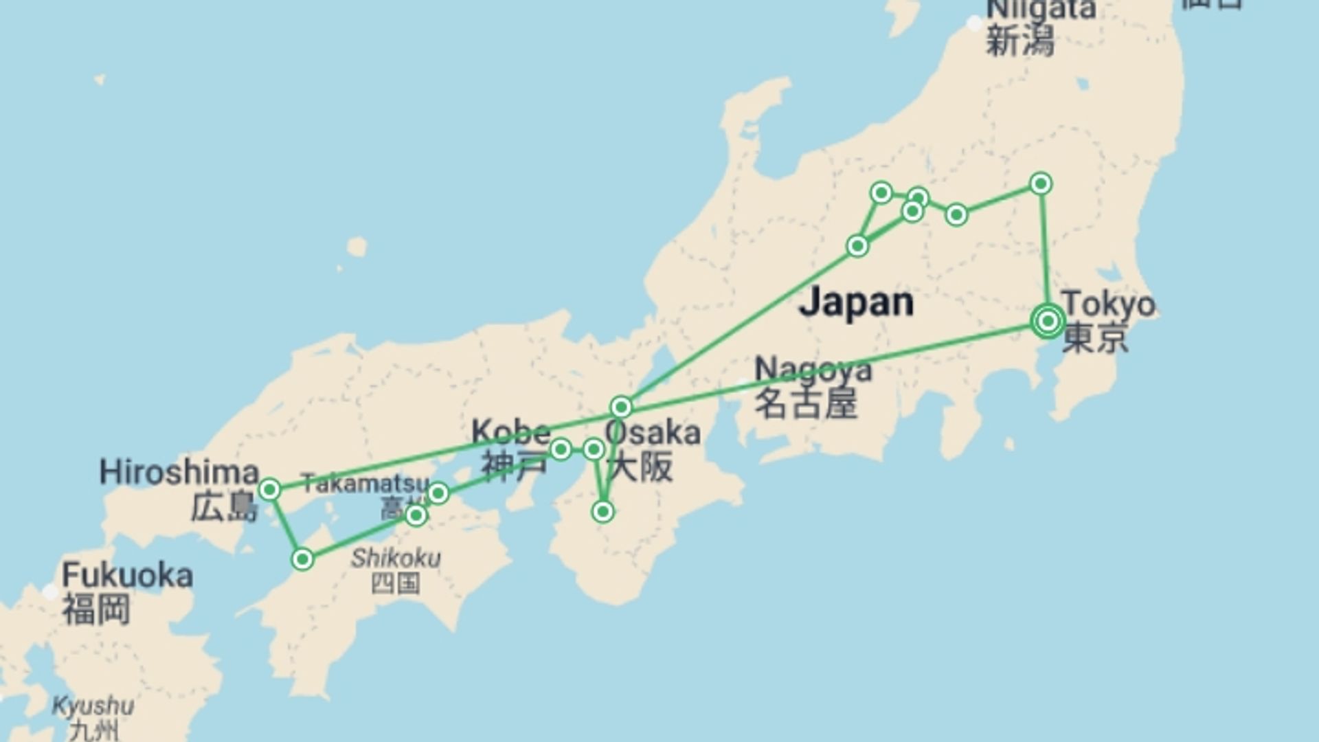 A map showing the tour itinerary for the trip: Capitals of Japan, starting in Tokyo, Japan and ending in Tokyo, Japan going through 7 other destinations.