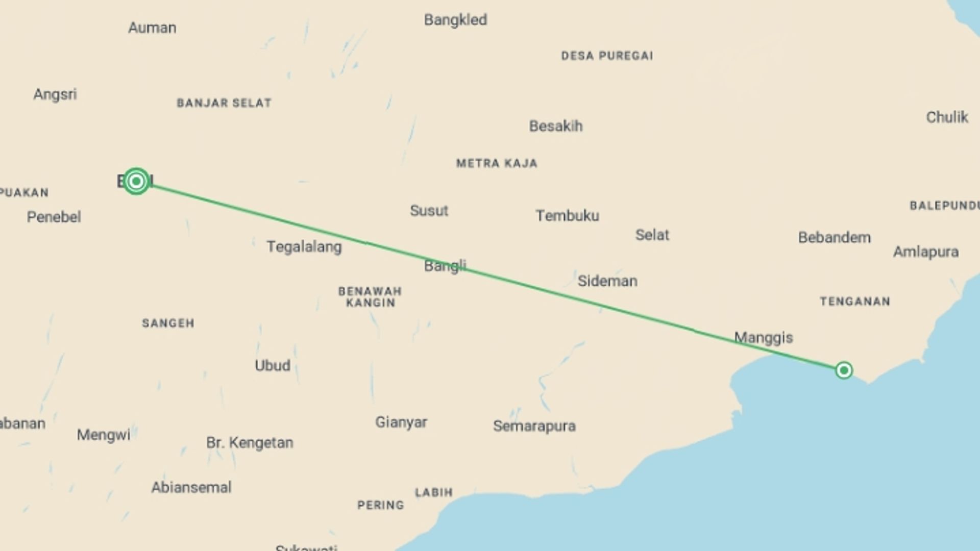 A map showing the tour itinerary for the trip: 2-day Private East Bali Discovery, starting in Bali, Indonesia and ending in Bali, Indonesia going through 1 other destinations.