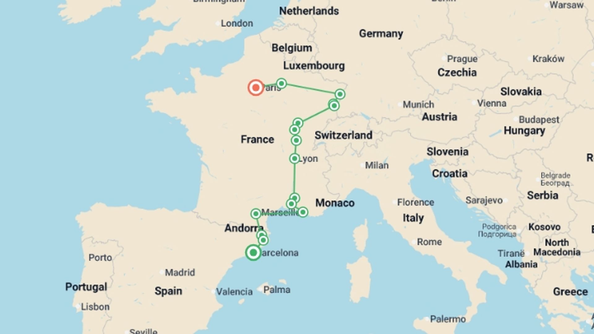 A map showing the tour itinerary for the trip: Catalonia, south of France, Burgundy and Alsace, starting in Barcelona, Spain and ending in Paris, France going through 5 other destinations.