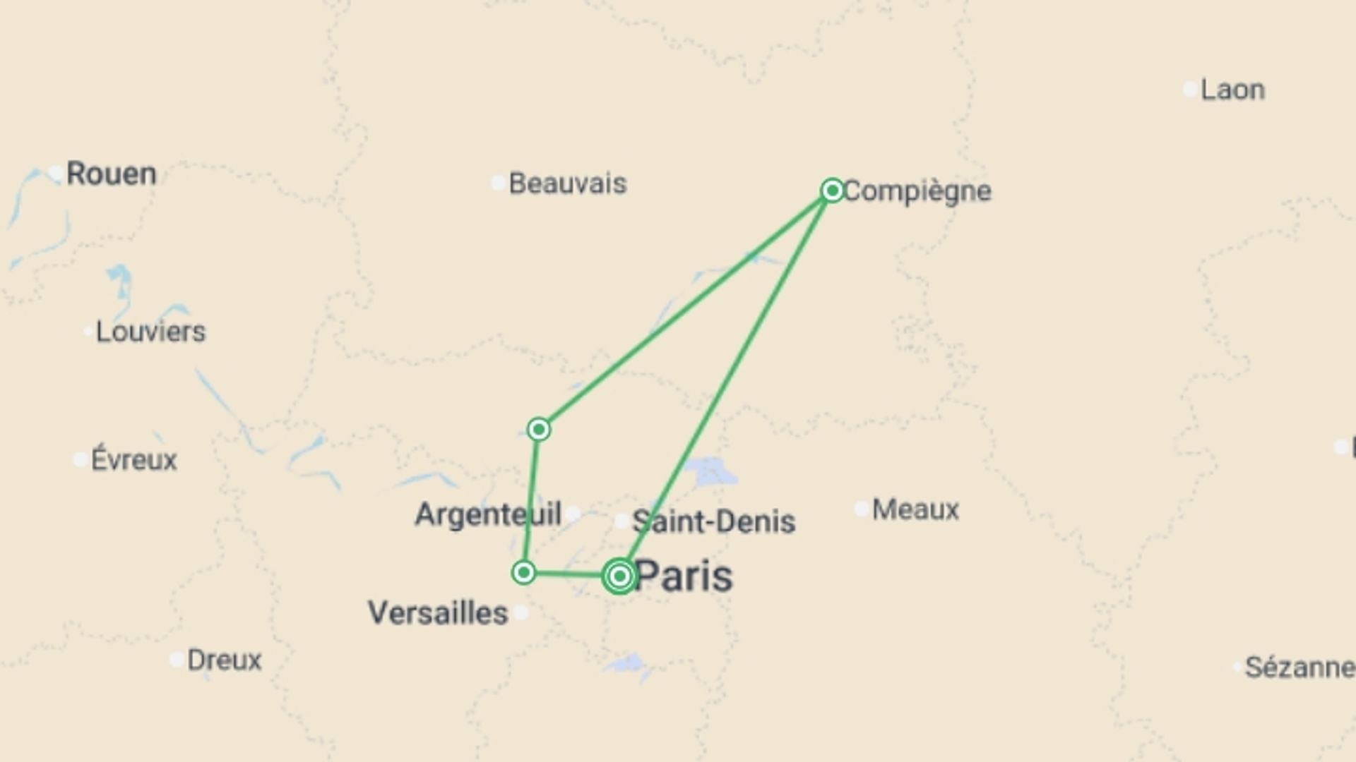 A map showing the tour itinerary for the trip: Historic Residences, Local Cuisine, and Hidden Gems in the Oise Valley (port-to-port cruise), starting in Paris, France and ending in Normandy, France going through 3 other destinations.