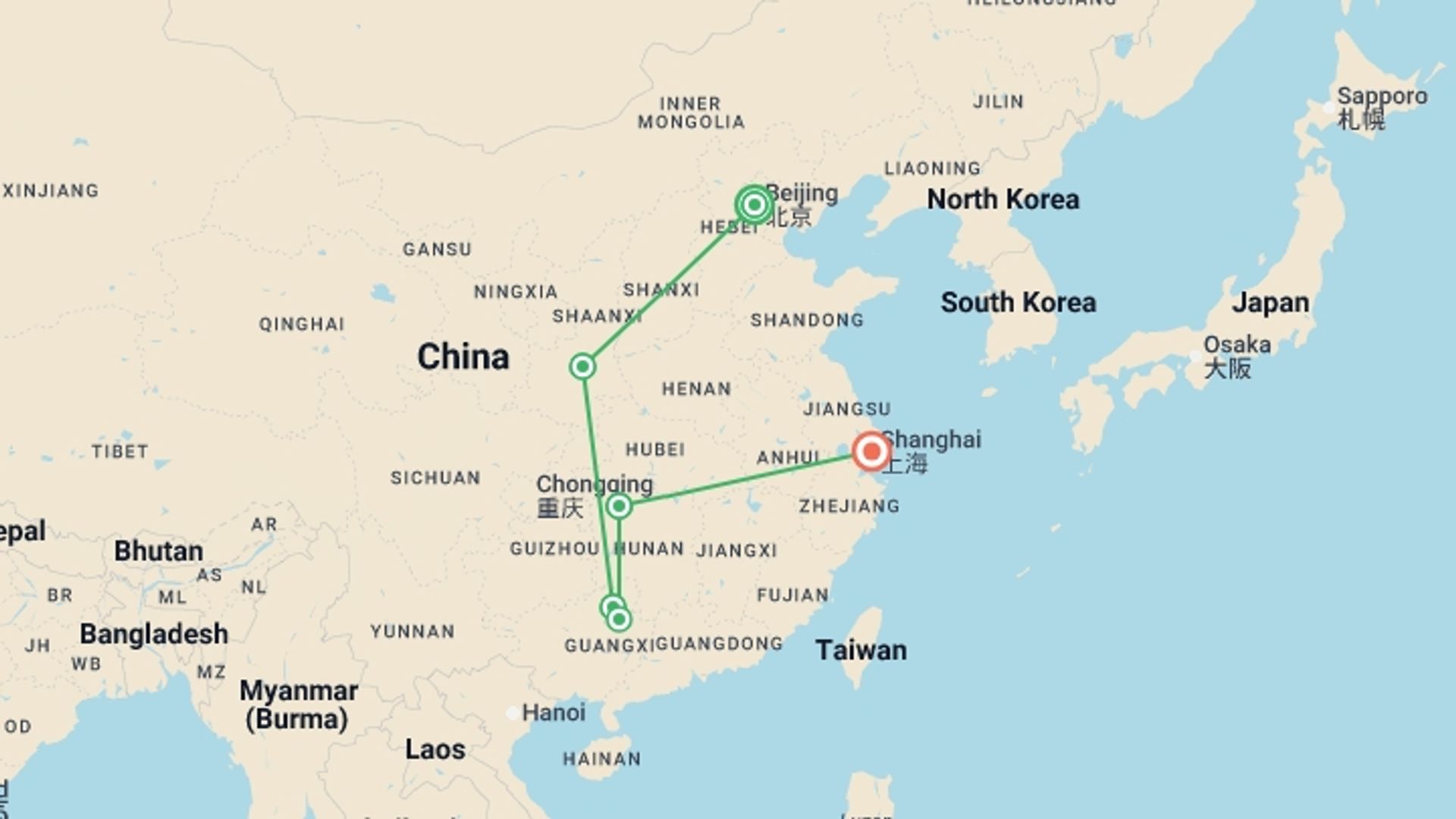 A map showing the tour itinerary for the trip: China Highlights Journey - 14 days, starting in Beijing, China and ending in Shanghai, China going through 4 other destinations.
