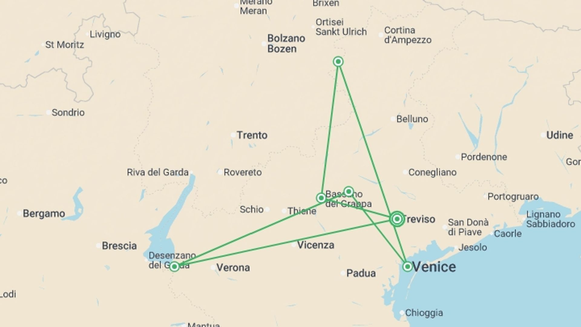 A map showing the tour itinerary for the trip: Spotlight on Northern Italy featuring Venice, Verona & the Dolomites, starting in Treviso, Italy and ending in Treviso, Italy going through 5 other destinations.