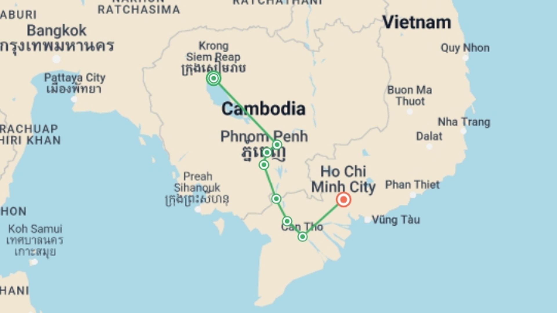 A map showing the tour itinerary for the trip: Magical Mekong Cruise Downstream, starting in Siem Reap, Cambodia and ending in Ho Chi Minh City, Vietnam going through 6 other destinations.