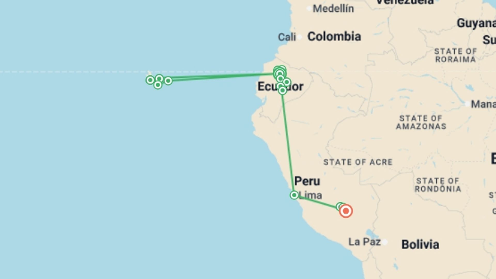 A map showing the tour itinerary for the trip: Ecuador, Galapagos & Peru Explorer, starting in Quito, Ecuador and ending in Cusco, Peru going through 9 other destinations.