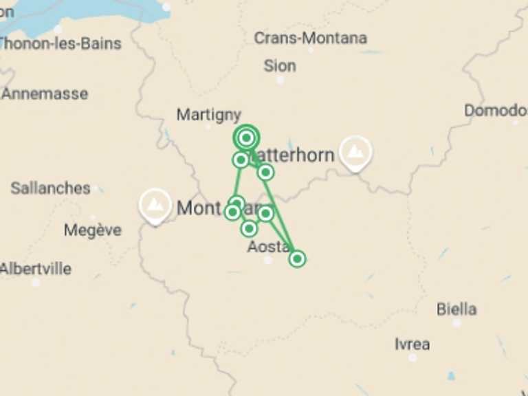 Map itinerary of Switzerland Tour in September 2026 with 6 destination visits for the trip: Grand Combin Guided Hike