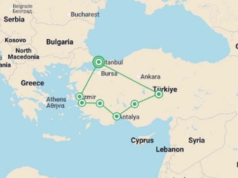 Map itinerary of Mediterranean Tour in June 2026 with 7 destination visits for the trip: Best Of Turkey - 10 Days