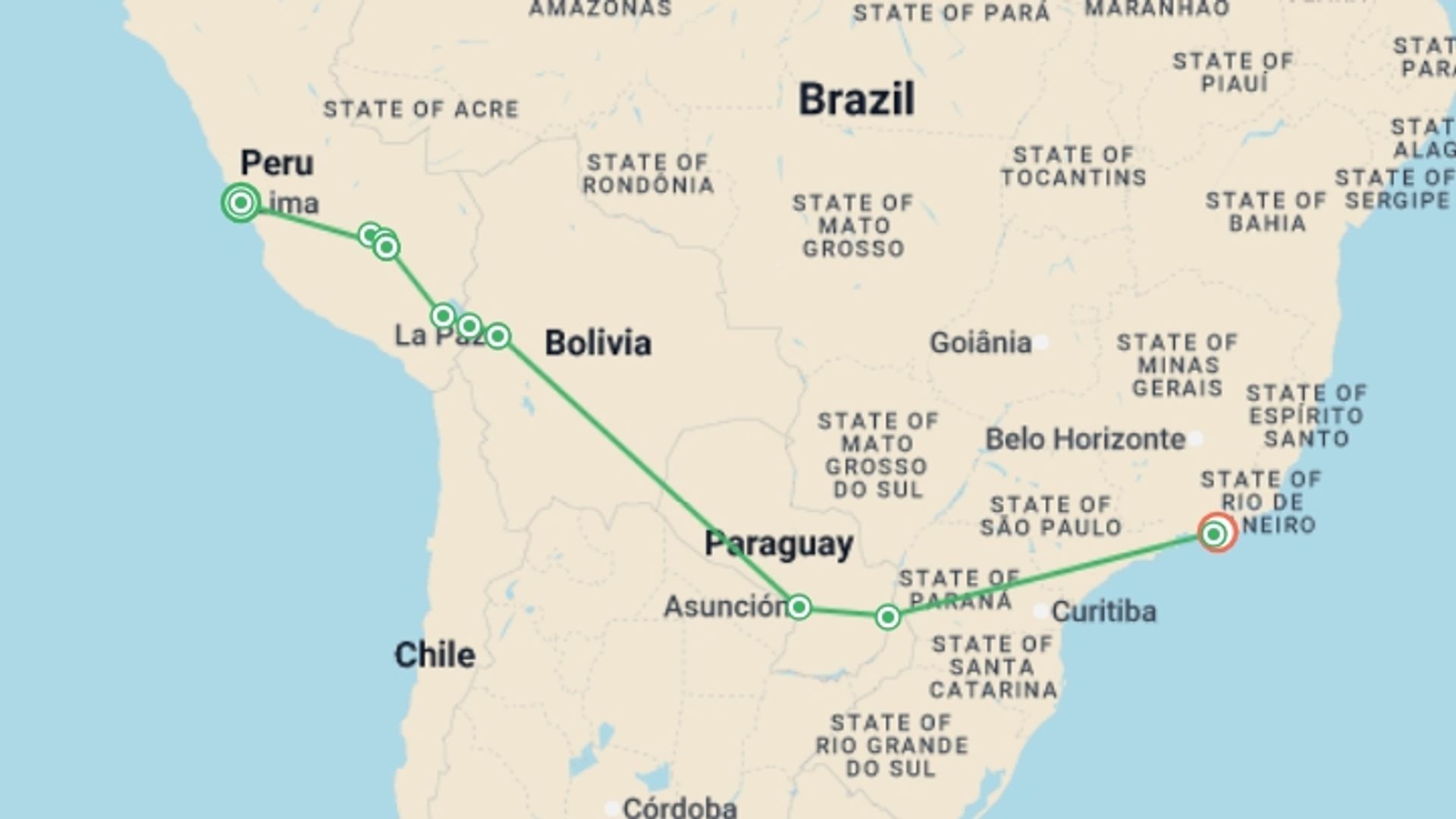 A map showing the tour itinerary for the trip: Journey Across South America - 19 Days, starting in Lima, Peru and ending in Rio de Janeiro, Brazil going through 9 other destinations.