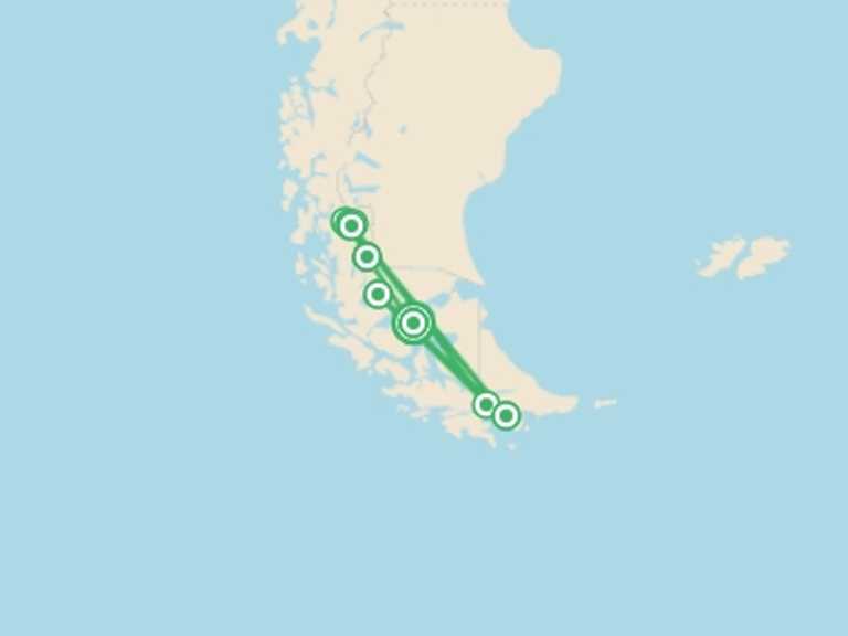 Map itinerary of Chile Tour in Fall with 13 destination visits for the trip: Tierra del Fuego & Patagonia Adventure Tour