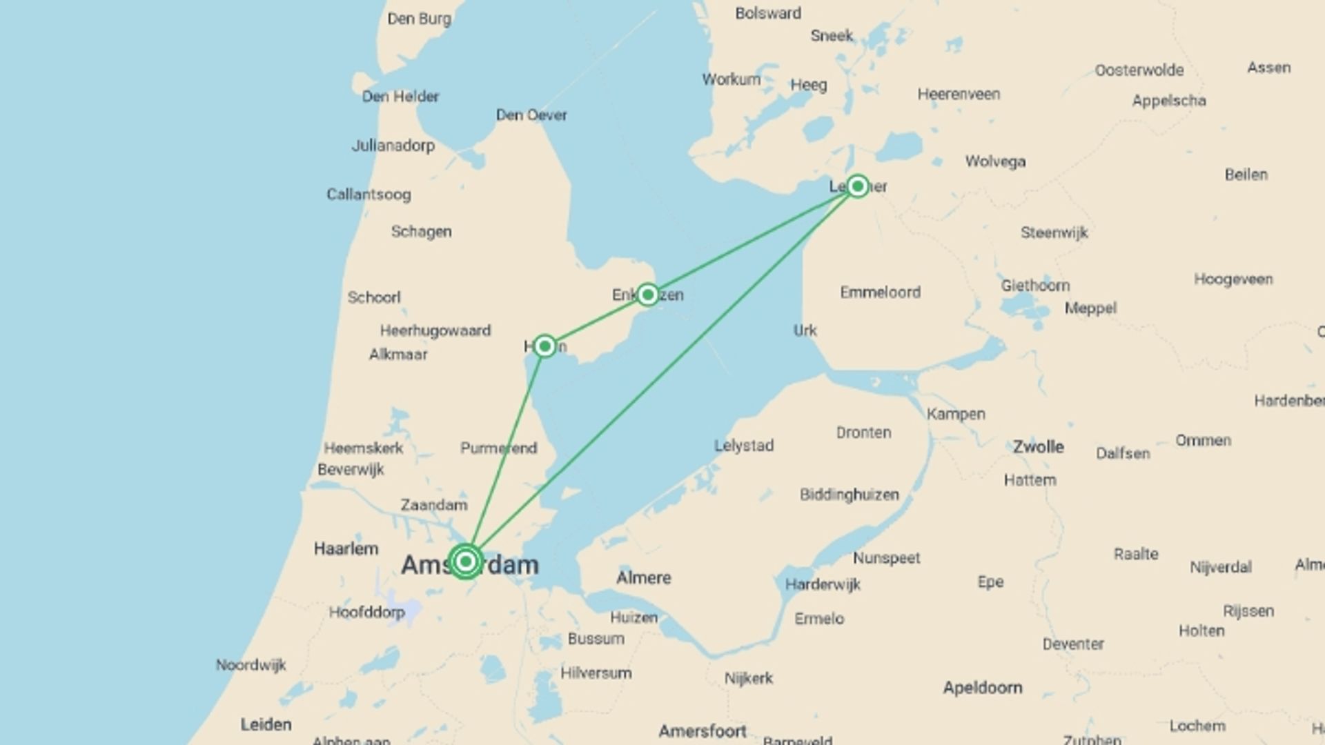A map showing the tour itinerary for the trip: Cruise on the IJsselmeer, one of Holland's treasures (port-to-port cruise), starting in Amsterdam, Holland and ending in Amsterdam, Holland going through 2 other destinations.