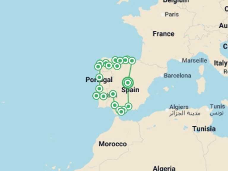 Map itinerary of Lisbon Tour in December 2025 with 8 destination visits for the trip: Madrid, Portugal and North of Spain