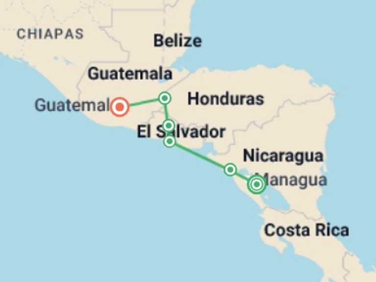 Map itinerary of Granada Tour in November 2025 with 7 destination visits for the trip: Nicaragua & Beyond