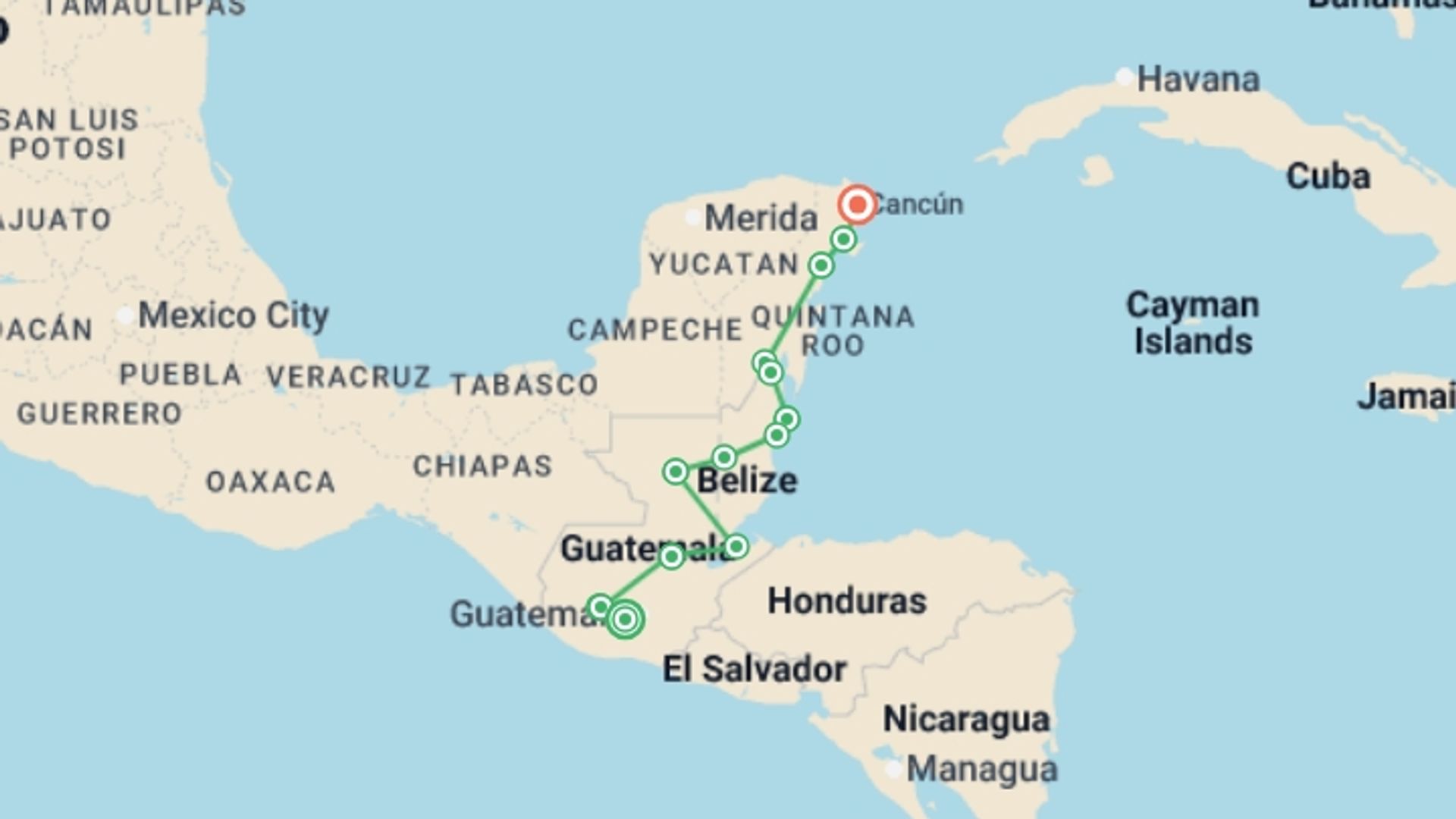 A map showing the tour itinerary for the trip: Antigua to Cancun Travel Pass, starting in Antigua, Guatemala and ending in Cancún, Mexico going through 12 other destinations.