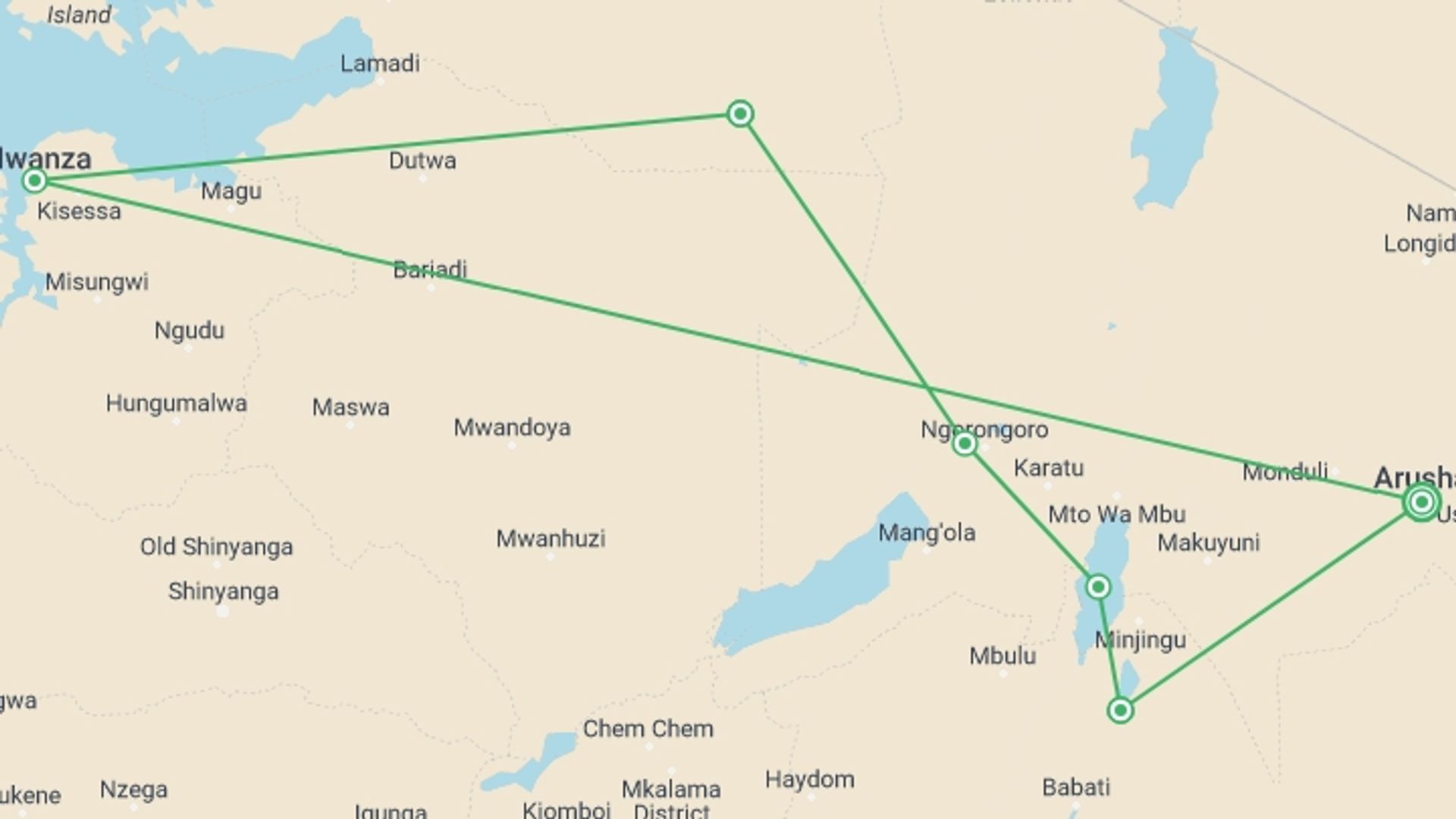 A map showing the tour itinerary for the trip: 11 Days Complete Tanzania Safari Package Mwanza to Arusha, starting in Arusha, Tanzania and ending in Arusha, Tanzania going through 7 other destinations.