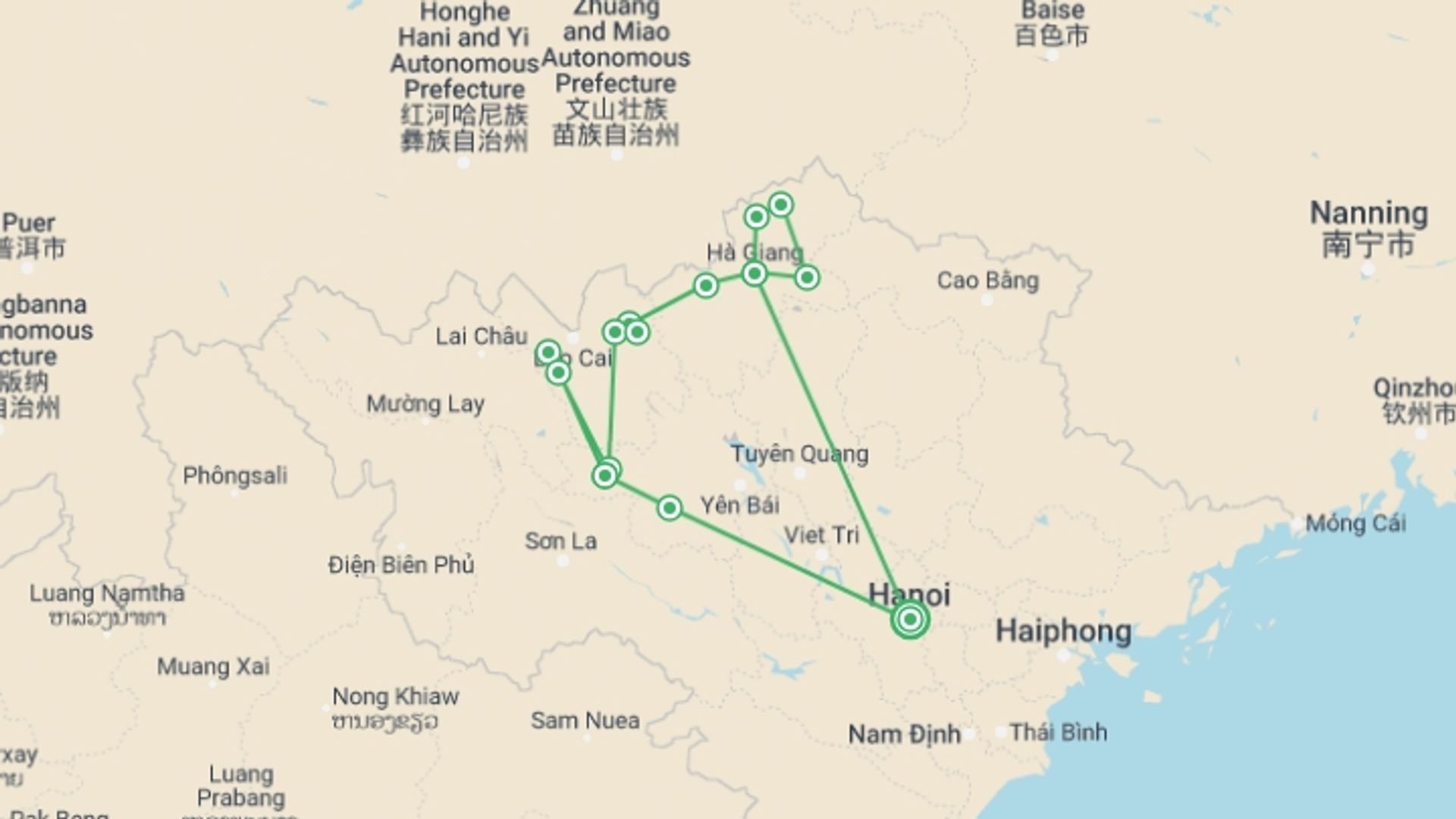 A map showing the tour itinerary for the trip: Trekking On Vietnam's Final Frontier 14 Days 13 Nights, starting in Hanoi, Vietnam and ending in Hanoi, Vietnam going through 11 other destinations.