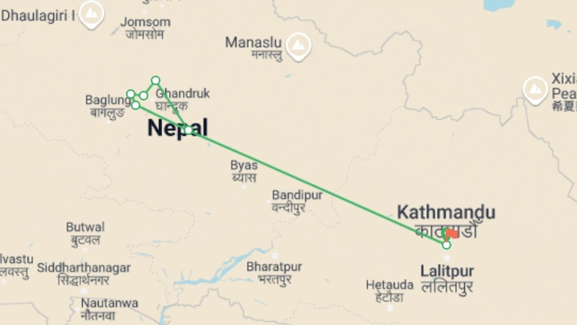 A map showing the tour itinerary for the trip: Ghorepani-Poonhill-Ghandruk trek, starting in Kathmandu, Nepal and ending in Kathmandu, Nepal going through 6 other destinations.